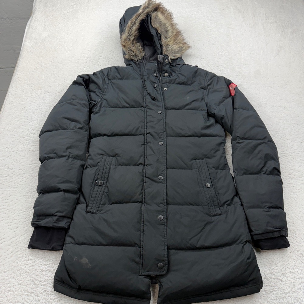 Eastern Mountain Sports Womens XS Black Down Parka Faux Fur Hood Puffer Jacket